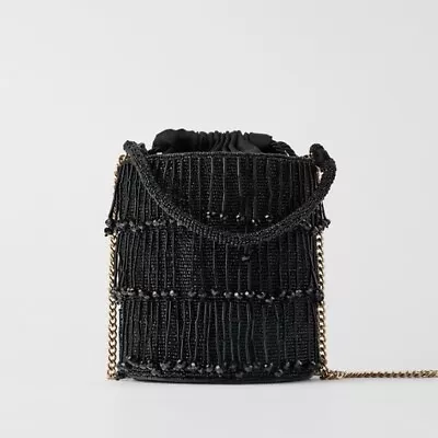 Zara Black Beaded Fringe Crossbody Bucket Bag • £89