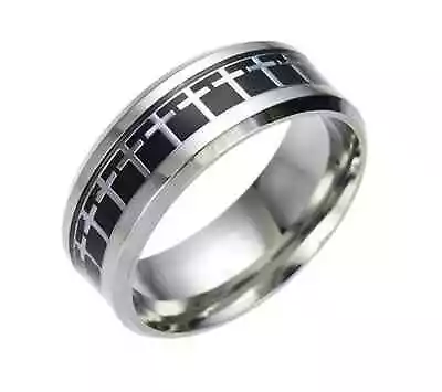 Men 8mm Titanium Steel Beveled Edge Black Cross Pattern Comfort-Fit Wedding Band • $10.95