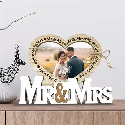 Mr & Mrs Picture Frame Wood Love Heart Photo Frame Wedding Gift Table Decoration • £6.78