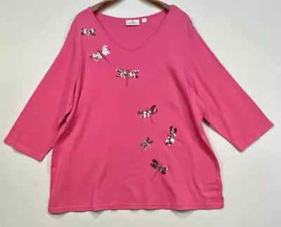 Quacker Factory Womens Shirt Top Size 2X Pink Embroidered Sequin Dragonflys • $22.99