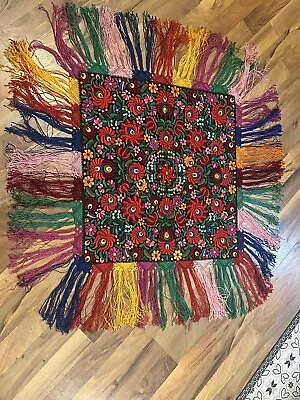 Hungarian Matyo Silk Embroidery Vintage Tablecloth  Textile Fringe Wall Hanging • $155