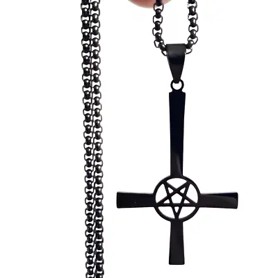 Inverted Cross Pentagram Pendant Necklace Black Steel 24  Chain Unisex Jewellery • £6.80