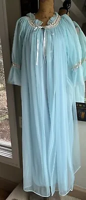 Vtg Blue Peignoir 2/piece Set Negligee Robe Gown 50s/60s Lace • $37