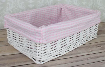 £14.99 • Buy White Wicker Basket & PINK GINGHAM Liner - Nursery Storage Baby Gift Hamper 35cm