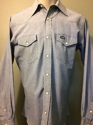 Vtg 90s Wrangler Chambray Cotton Denim Shirt Western Cowboy Pearl Snap Mens M-L • $77.09