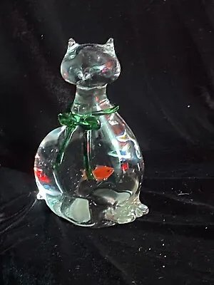 Vintage Clear Art Glass Cat Green Bow Multicolor Fish Paperweight Figurine • $20.99