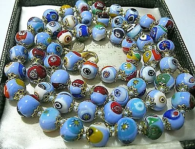 Blue Millefiori Venetian Murano Glass Bead 24  Long Vintage Style NECKLACE • £37.50