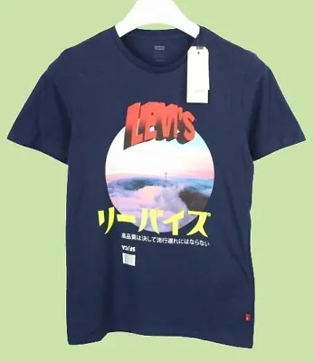 LEVI'S Men's Printed Picture Crew Neck Dark Blue T-Shirt X SMALL Size • £23.99