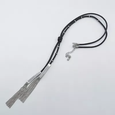 WHBM Lariat Fringe Y Drop Necklace 29 To33  Black Faux Leather Boho Statement • $16.19