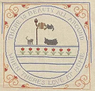 Vintage Completed Needlepoint On High Quality Linen Tea Towel Home Family Cat • $16.99