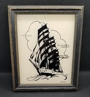 Vintage Silhouette Art Enamel On Glass Ellen Terry Small Framed Ship Nautical • $49.95