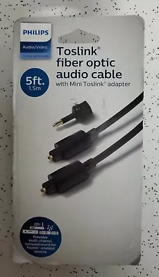 PHILIPS Toslink Fiber Optic Audio Cable With Mini Toslink Adapter 5 Ft- 1.5m • $6.49