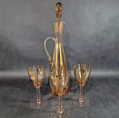 Vintage Pink Glass Decanter Stopper 3 Cordial Glass Set Gold Mid Century Barware • $92.68