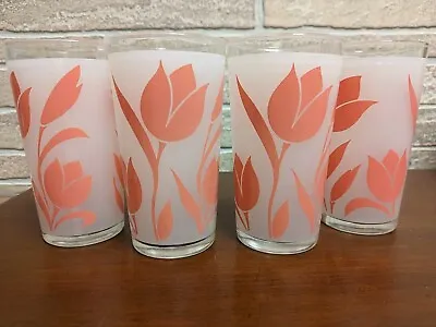 Vintage Frosted Pink Tulip Highball Drinking Glasses Set Of 4 - 5  High • $20