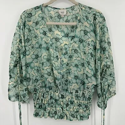 Eci New York Blue Floral Sheer Crop Top Tie Sleeves Button Smocked Size Small • $15.99