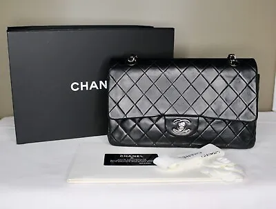 CHANEL CLASSIC DOUBLE FLAP MEDIUM  Chain Shoulder Bag Black Lambskin RRP $13000+ • $6999