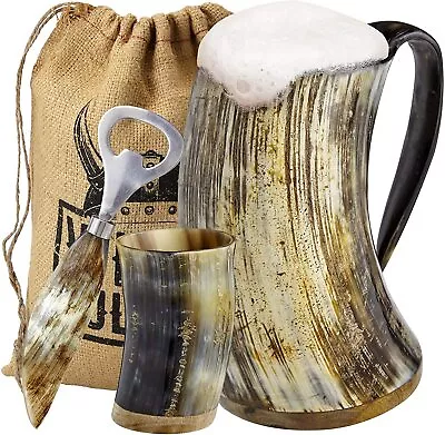 Viking Culture Ox Horn Mug Shot Glassand Bottle Opener (3 Pc. Set) Natural  • $44