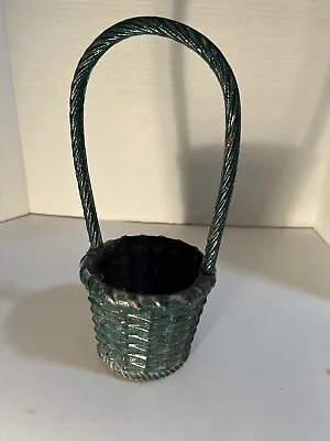 Vintage Cast Iron Green  Basket With Handle Small Planter Or Vase Decor • $21