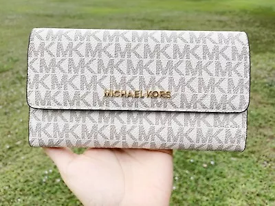 Michael Kors Jet Set Travel Large Trifold Wallet Signature MK Brown Black Pink • $73.50