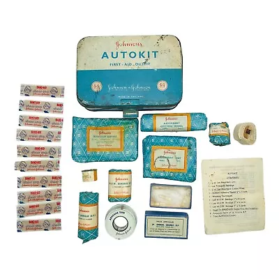 VTG 1940s JOHNSON & J AUTO FIRST AID Auto Kit Tin Box Cardboard Contents England • $70.41