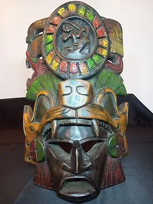 Vintage Aztec Mayan Hand Carved Wood Totem Mask Snake Jaguar/Calendar Crown • $49.99