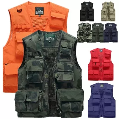 Mens Cargo Multi Pocket Utility Vest Fishing Hiking Camping Gilet Waistcoat Tops • $23.98