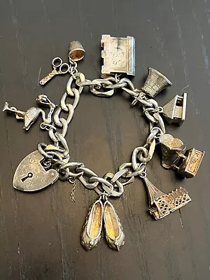 Vintage English Sterling Silver 8 Charm Bracelet Chunky Move Open • $64