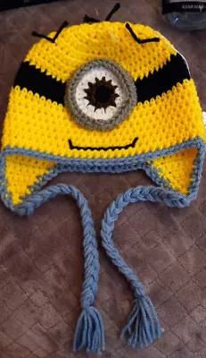 Adults Teens/Kids Handmade Crochet Yellow Minion Ear Flap Hat Size Large • $18.88