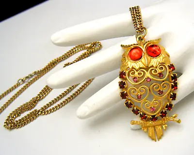 Ultra Cute Vintage Owl Pendant Red Pink Rhinestones Gold Tone Red Glass Cabochon • $37.49
