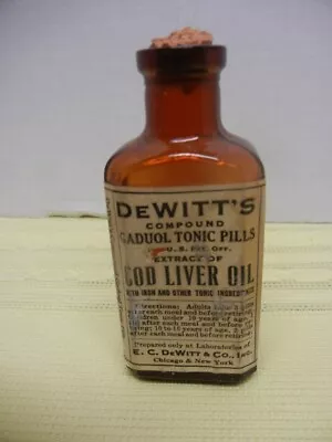 1930 Antique Labeled Medicine Cork Top Bottle Dewitt's Cod Liver Oil Tonic Pills • $14.99