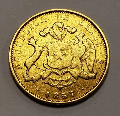 1857 Chile 5 Pesos .900 Gold .2207 AGW - KM130 - SKU-G2213 • $650