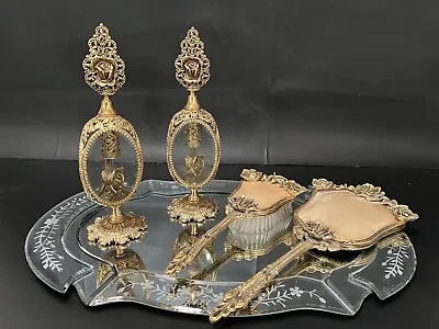 Vtg Style-built Perfume Bottle Gold Rose Hollywood Regency Vanity Dresser Set • $229.99