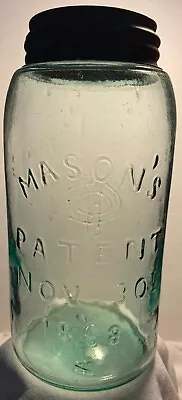 VERY NICE! MASON'S PATENT NOV 30TH 1858 CFJ REVERSE Aqua Qt Fruit Jar W/Zinc Lid • $5