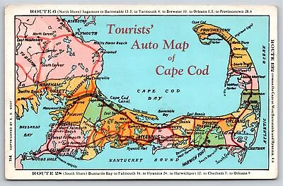 State Maps~Auto Map Of Cape Cod Massachusetts & Route 6~Vintage Postcard • $3.70