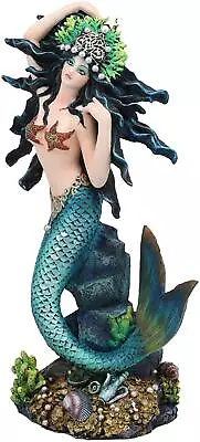 11 H Nautical Turquoise Tail Mermaid Pearl Crown Princess By Treasures Statue • $59.99