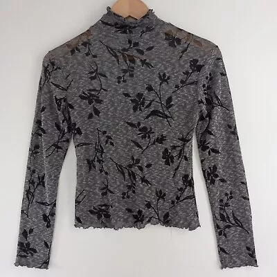 Loalde Top Shirt Women's Size Small Gray Black Sheer Floral Mock Neck Stretch • $8.49