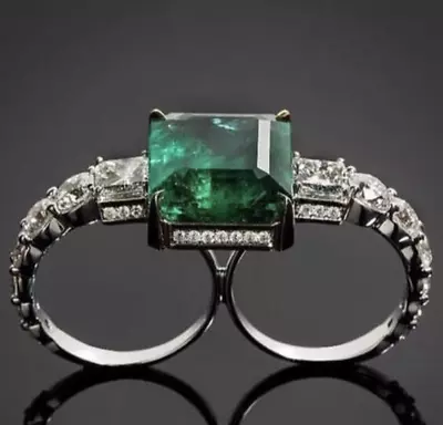 8Ct Princes Cut Simulated Green Emerald 2-Finger Band Ring 14k White Gold-Plated • $106.49