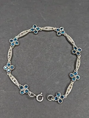 Vintage Sterling Silver Marcasite & Blue Rhinestone Flower Bracelet 925 • $31.99