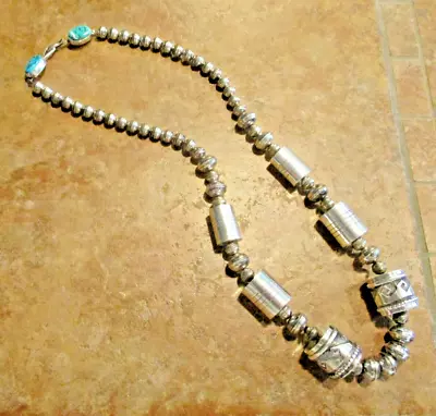 28  ESTATE Vintage 1970's Navajo Sterling BARREL / DRUM Bead Design Necklace • $1199