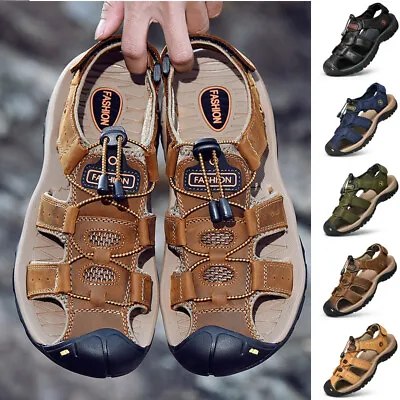 Mens Sandals Beach Closed Toe Summer Hiking Walking Shoes Leather Beach Holiday • £18.99