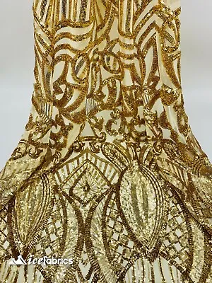 New Gold Sequin FABRIC By Yard _Embroider  4 Way Stretch Power Mesh Fabric • $34.99