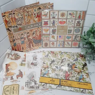 Vintage Gift Wrap LOT Flat Sheets Wrapping Paper Birds Buzza Folk Doll • $24