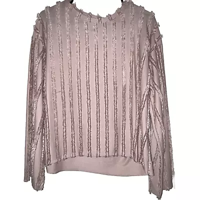 Zara Trafaluc Top Wmns Sm Blush Fuzzy Stripes Wide Sleeve Mid Length CUTE • £19.10
