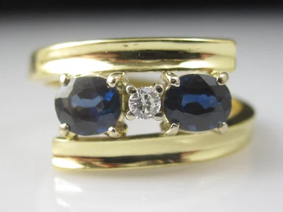 Sapphire Diamond Ring Bypass Crossover 18K Yellow Gold 750 Blue Oval Estate • £375.98