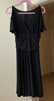 Soprano Dress Artsy Stretch Black A-Line Ruched Cold Shoulder Women's Large • $12.74