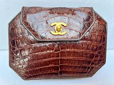 CHANEL Bag Rare Vintage Espresso Crocodile Octagonal Flap Bag CC Gold Closure. • $1