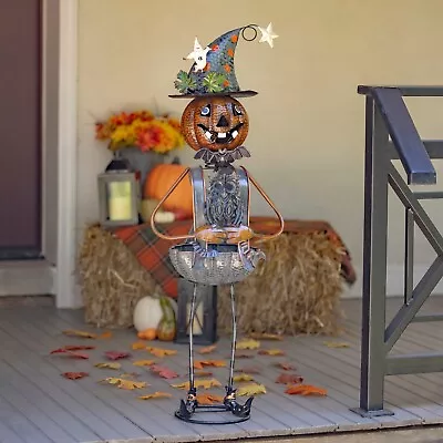 Metal Pumpkin Witch Halloween Statue Holding An Owl • $209.95