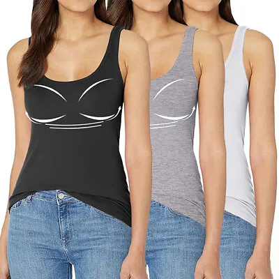 Women Basic Camisole With Built In Bra Vest Tank Top Cami Shaper Sleeveless Tops • £15.99