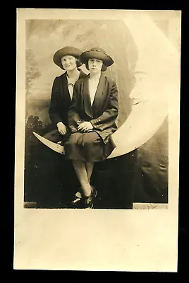 Two Women Sitting On Paper / Prop Moon 1920s Vintage Photo RPPC • $280.43