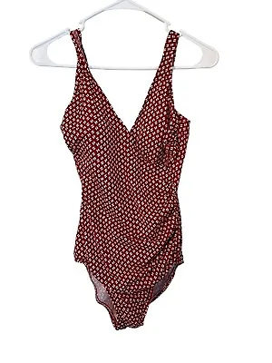 Magicsuit By Miraclesuit Red Cream Printed Wrap Ruched 1 Pc Swimsuit Size 10 • $29